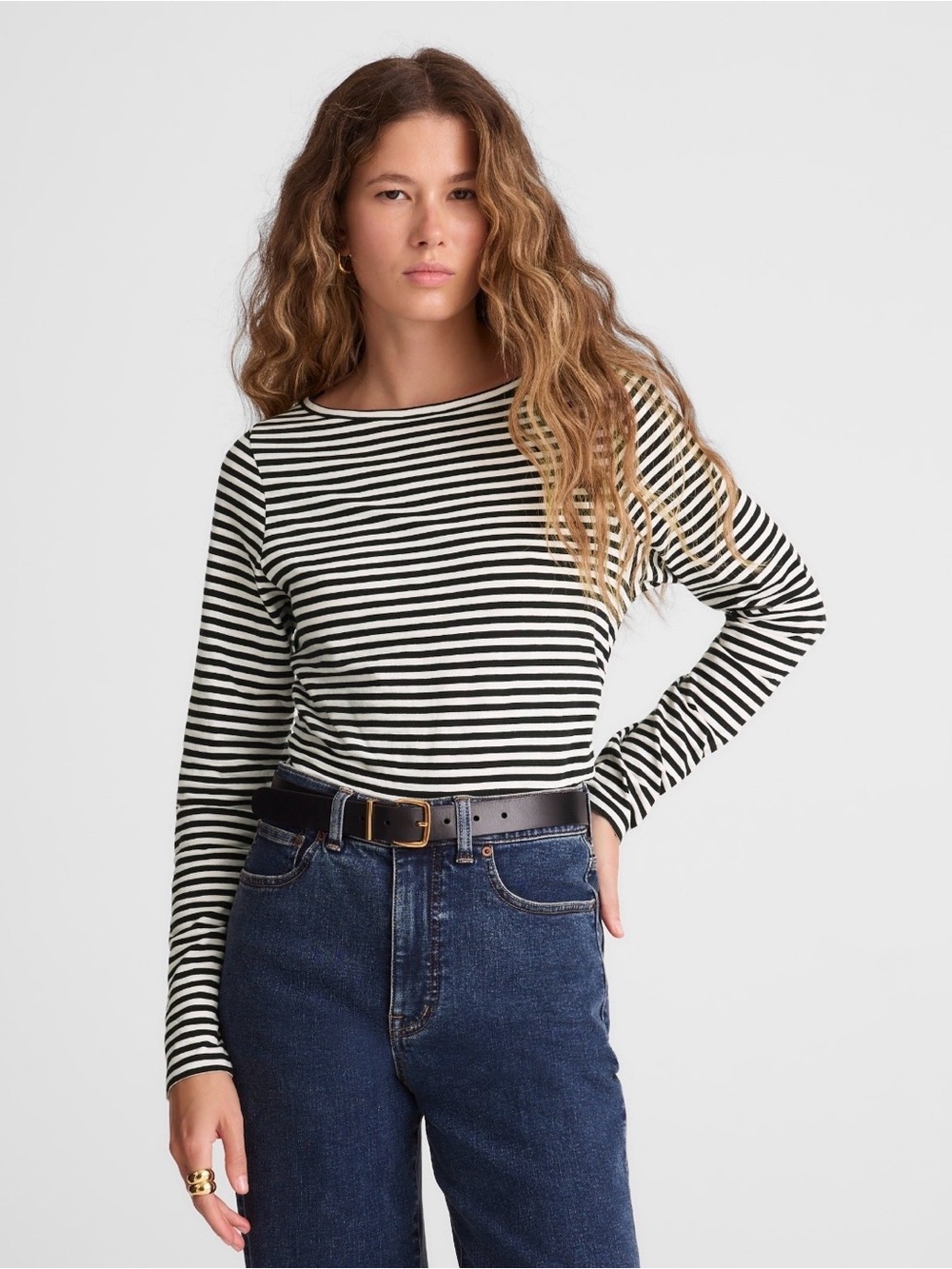 Madewell Ruched Crewneck Long-Sleeve T in Soft Slub size Small Jet Black Stripes